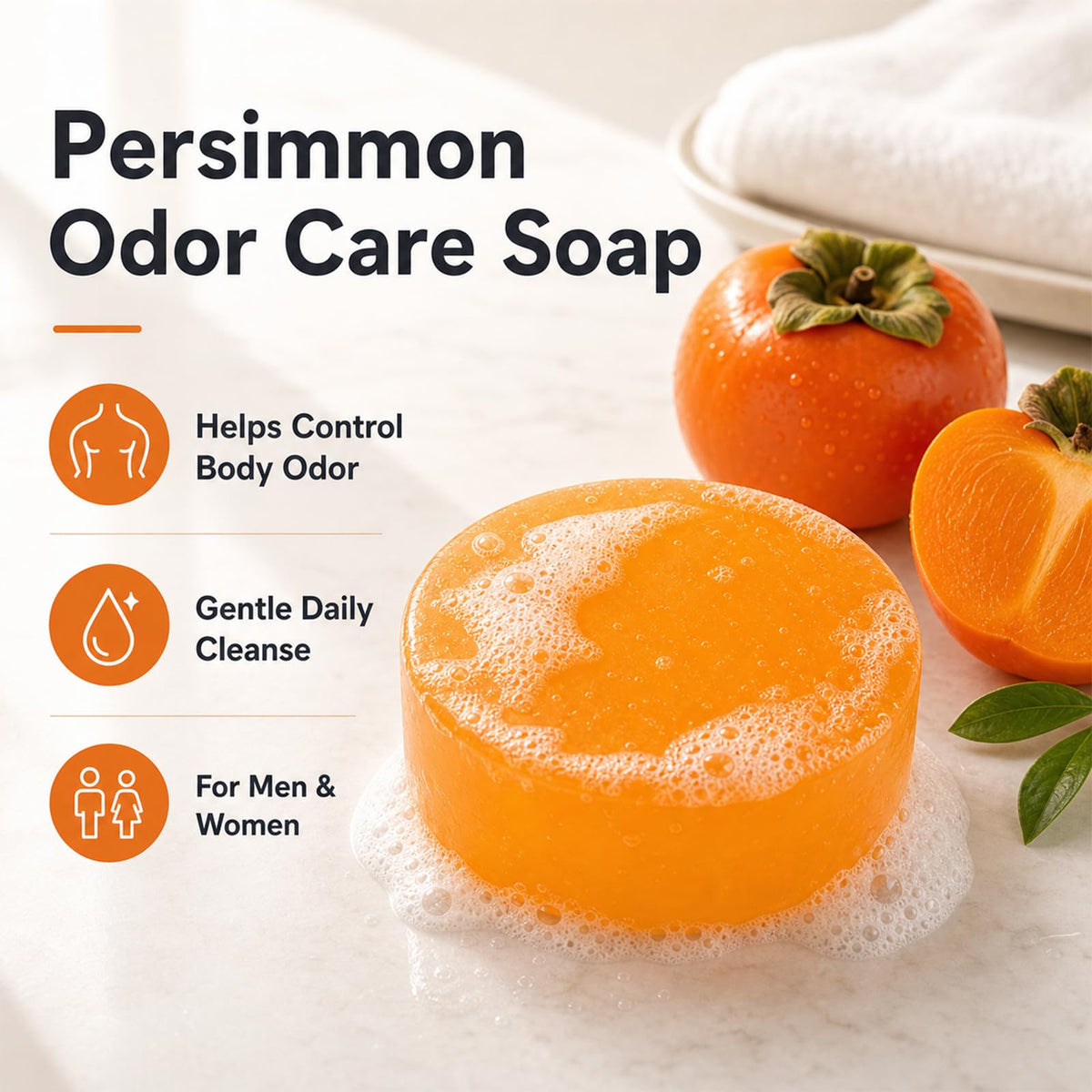 SolaceSkin persimmon soap bar top view highlighting smooth finish and size