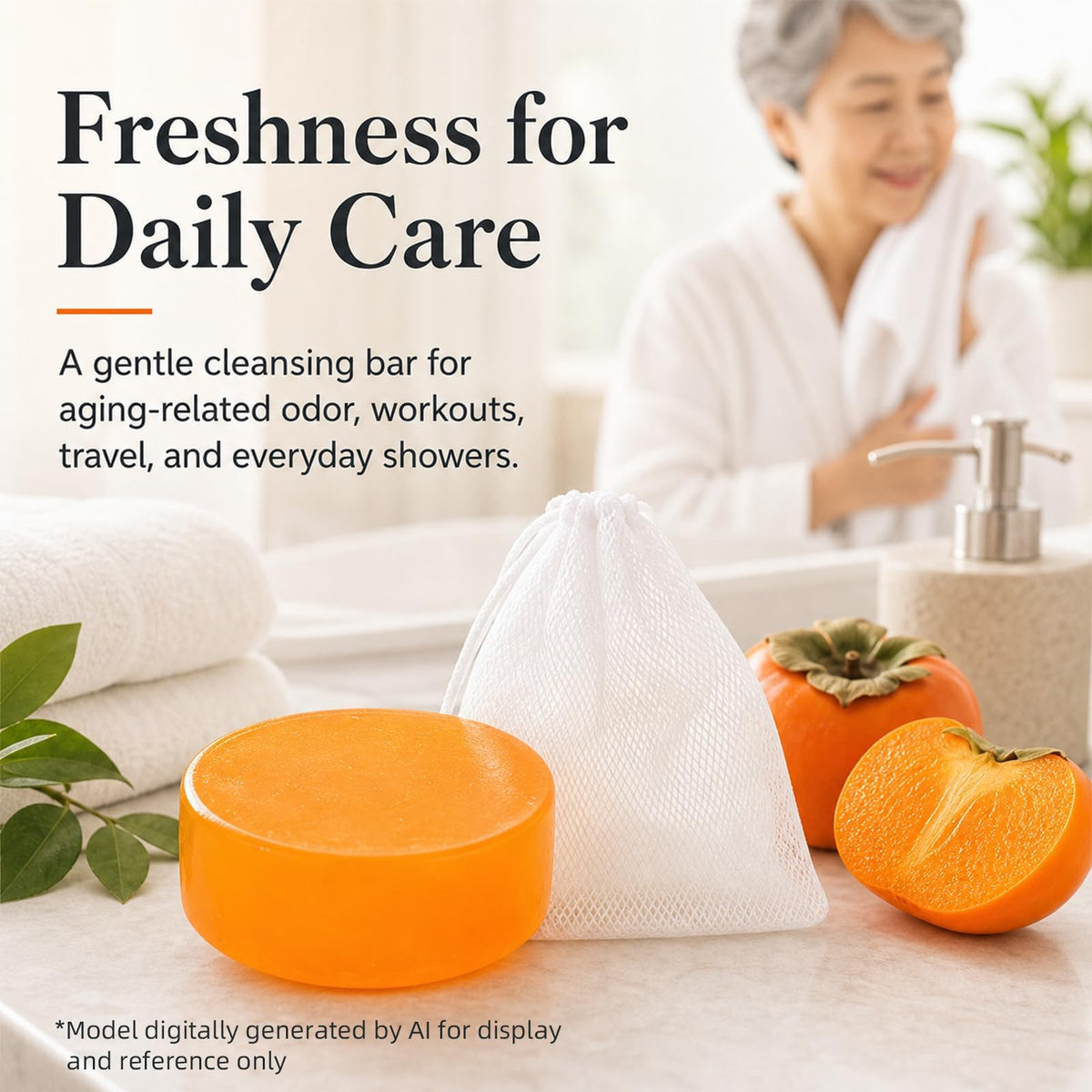 SolaceSkin soap on bathroom ledge showing tidy placement and freshness