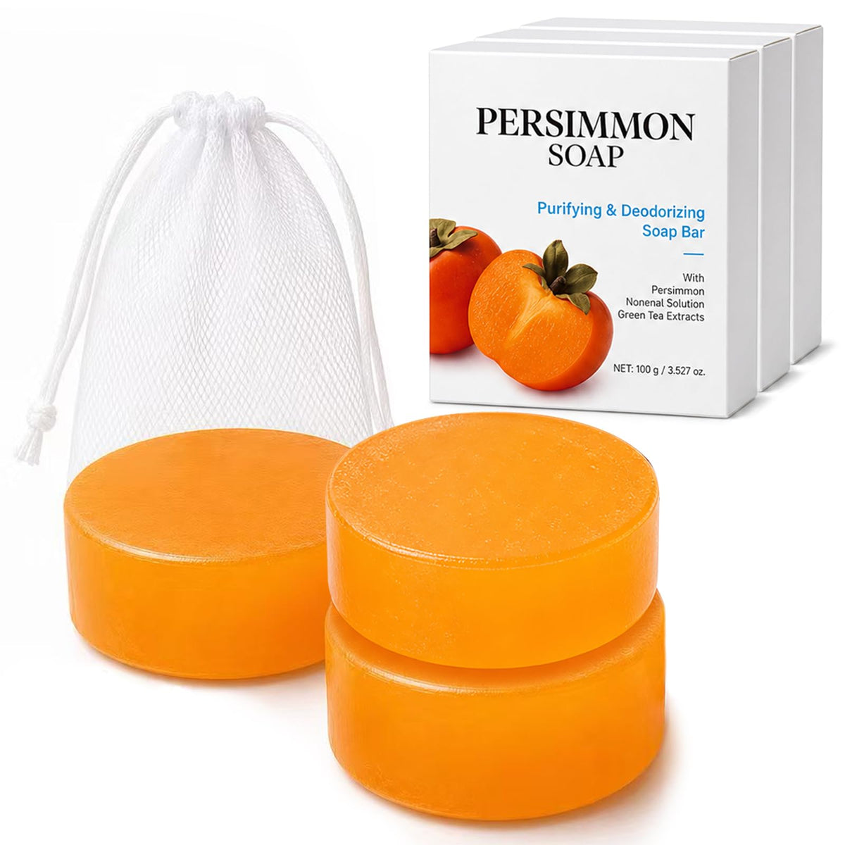 SolaceSkin front packaging showing three persimmon soap bars and benefits