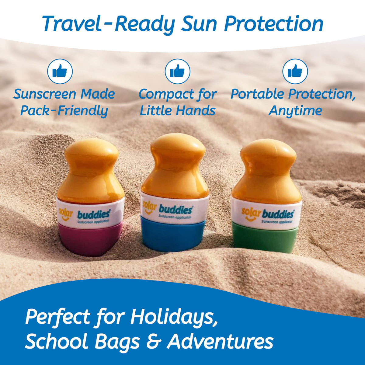 Solar Buddies applying sunscreen to child’s arm, enables mess-free application