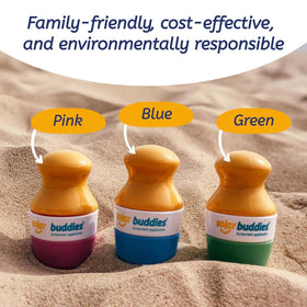 Solar Buddies applying sunscreen to child demonstrating mess-free use