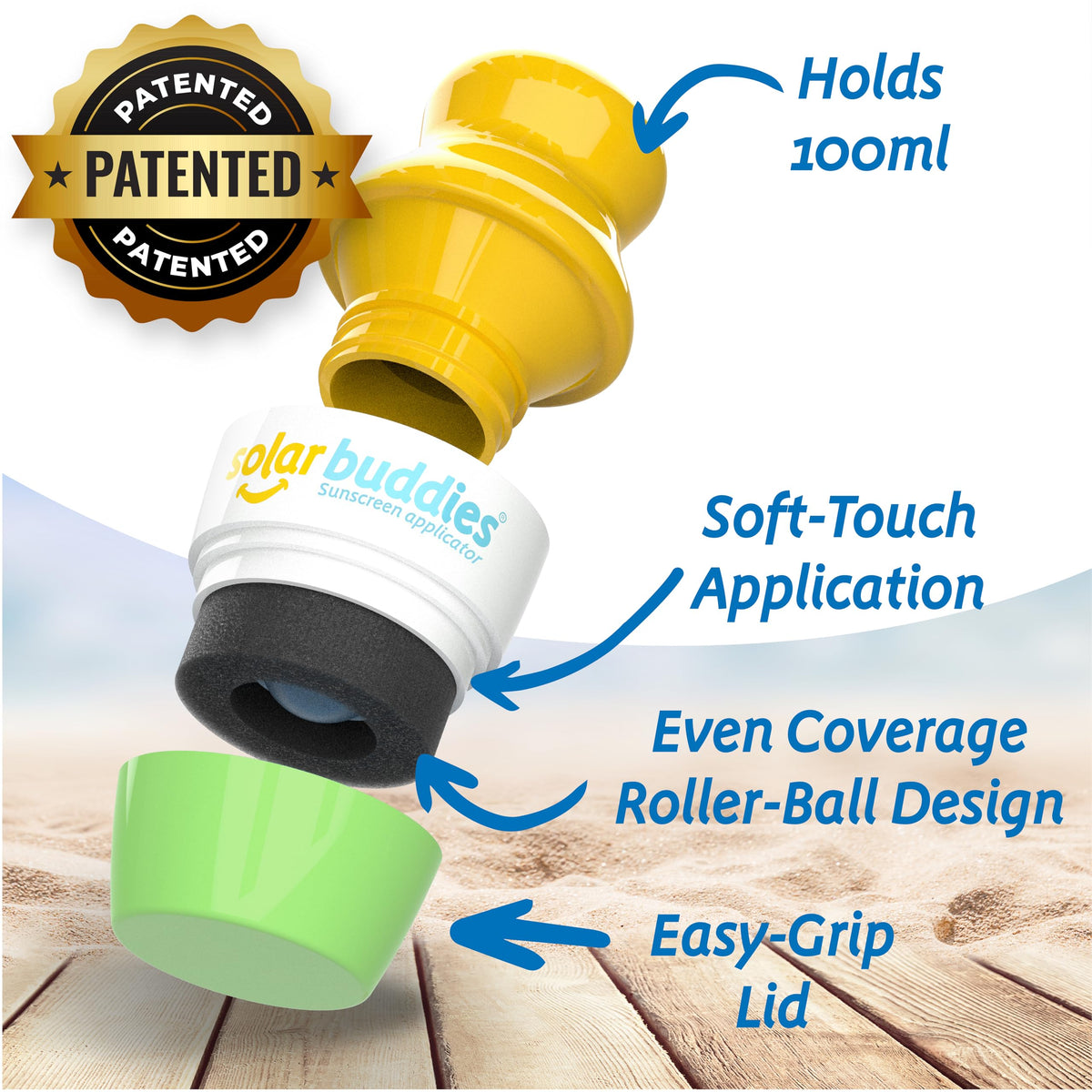 Solar Buddies close-up of roller head, shows smooth even sunscreen spread