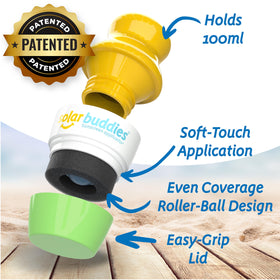 Solar Buddies close-up of roller head, shows smooth even sunscreen spread