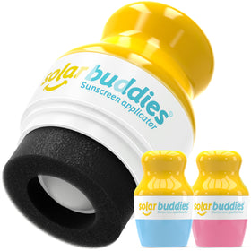 Solar Buddies front view of blue and pink refillable applicators showing compact design and colors