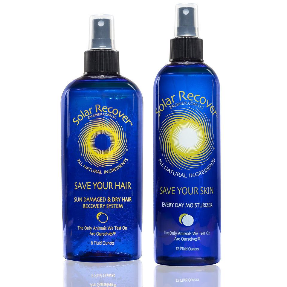 Solar Recover combo front packaging showing both full-size bottles and benefits