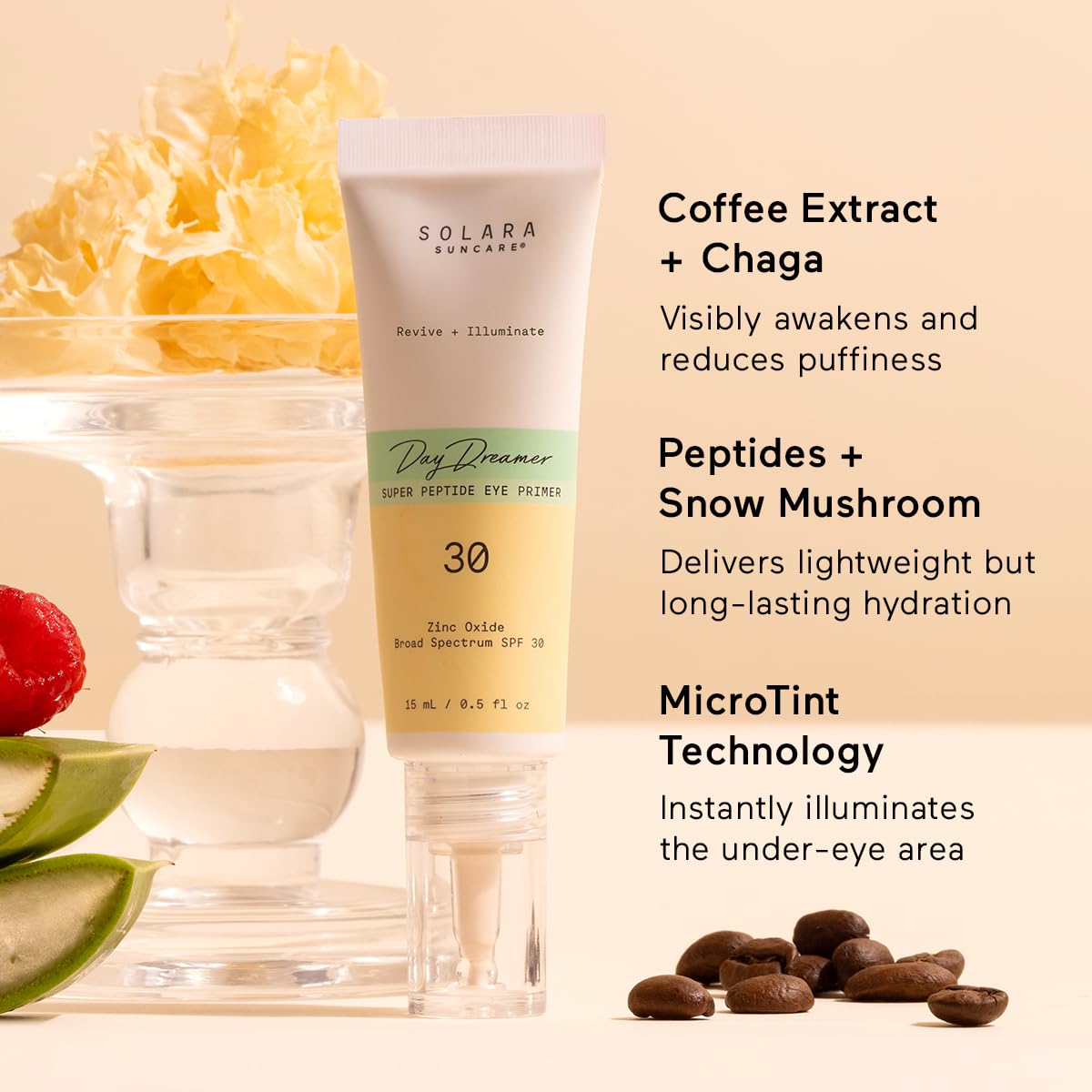 Solara Suncare label close-up highlighting peptide and mineral SPF ingredients