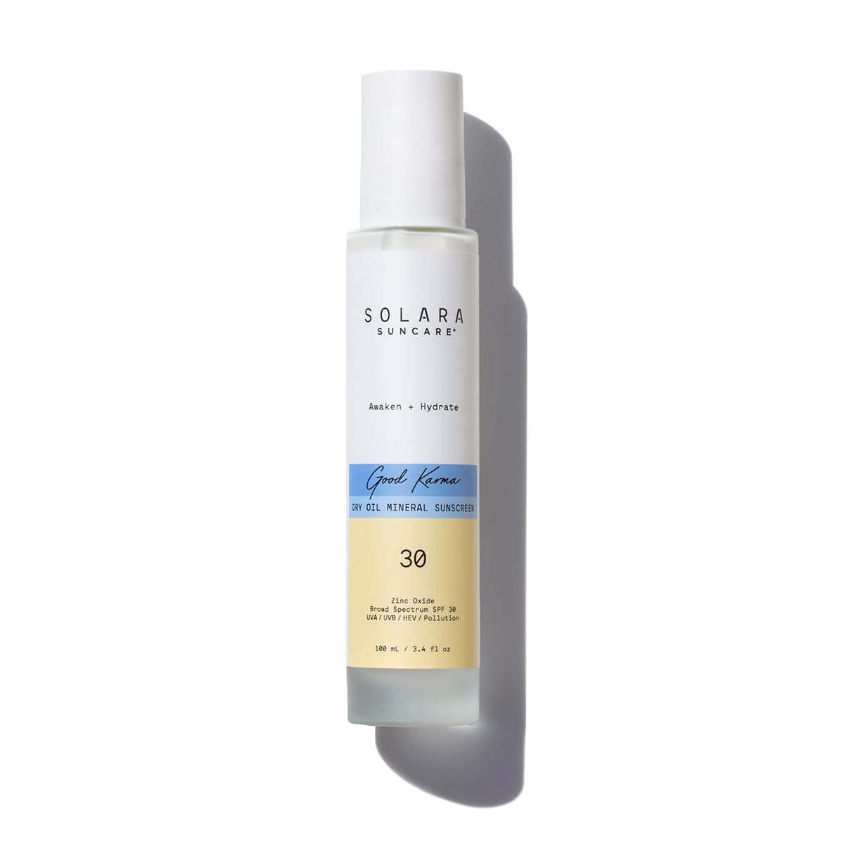 Solara Good Karma front packaging shows bottle and SPF benefit