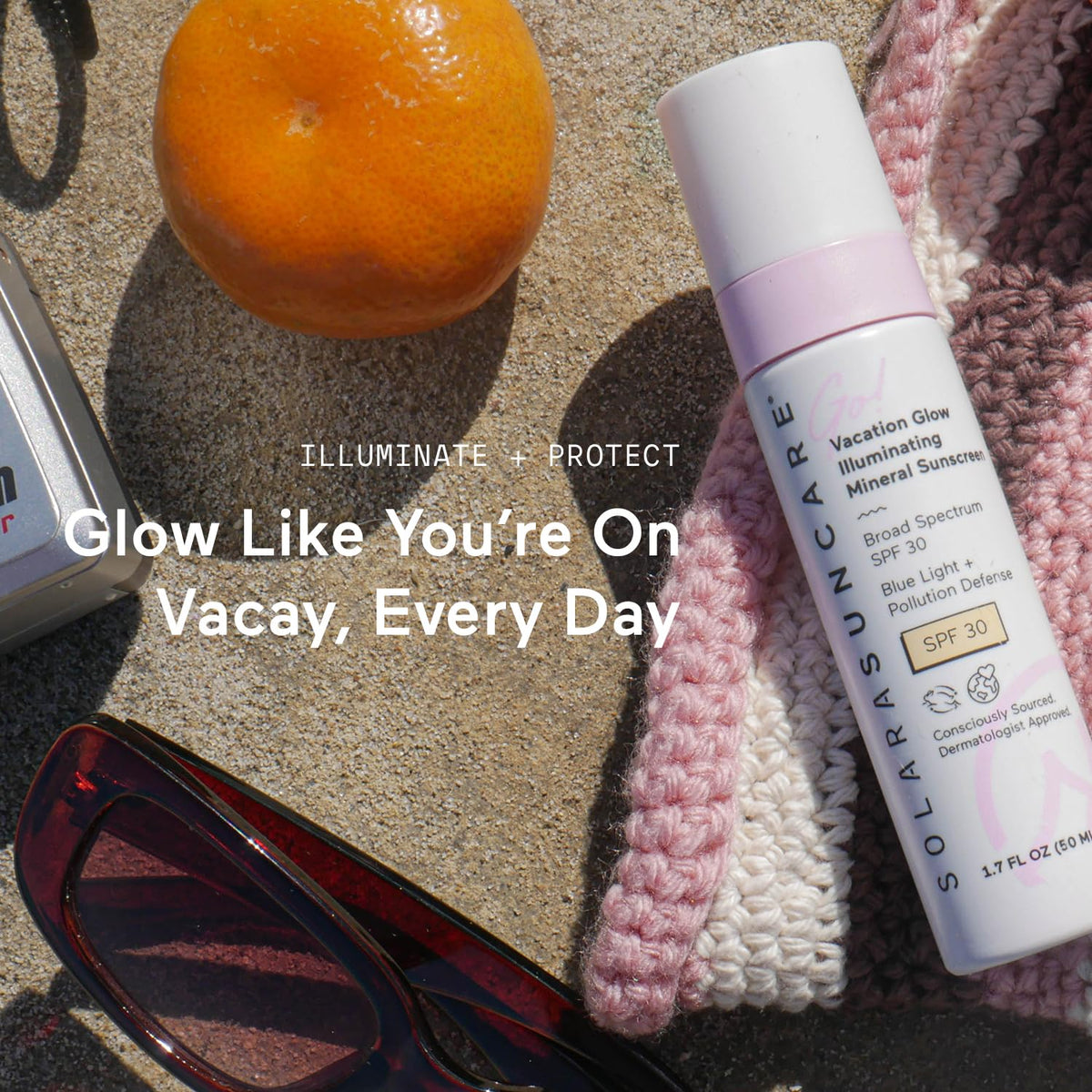 Solara Suncare next to a 50 ml bottle showing true size and travel-friendly benefit