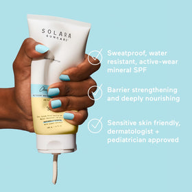 SOLARA SUNCARE tube cap and label detail highlighting unscented formula