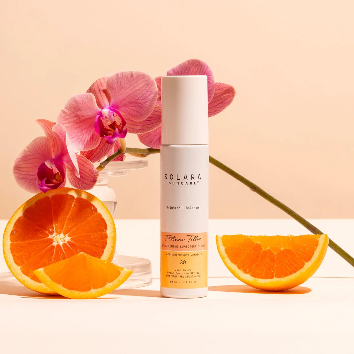 Solara Suncare close-up serum drop texture, lightweight brightening