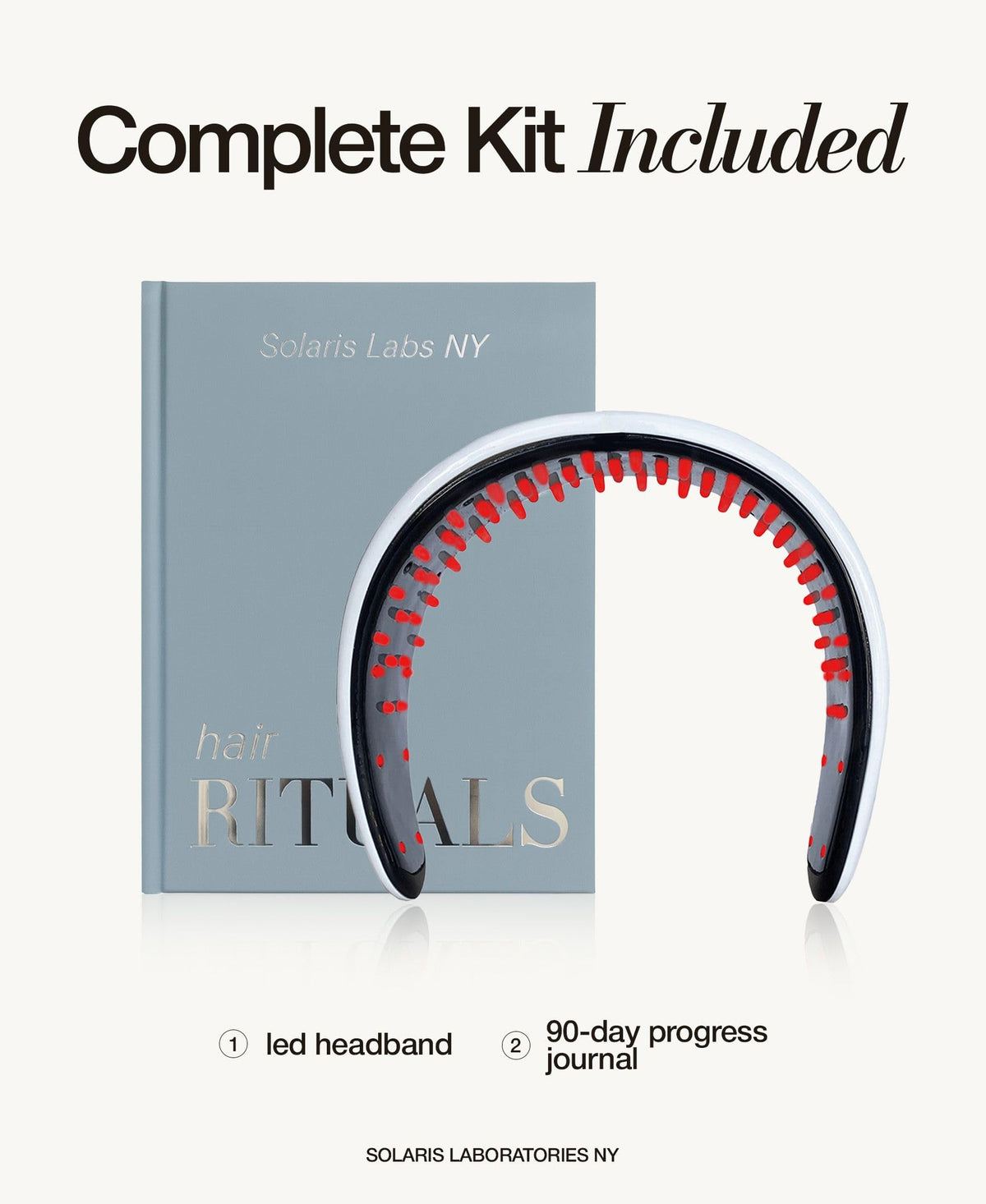 Solaris Laboratories NY headband next to 90‑day journal for tracking routine benefit