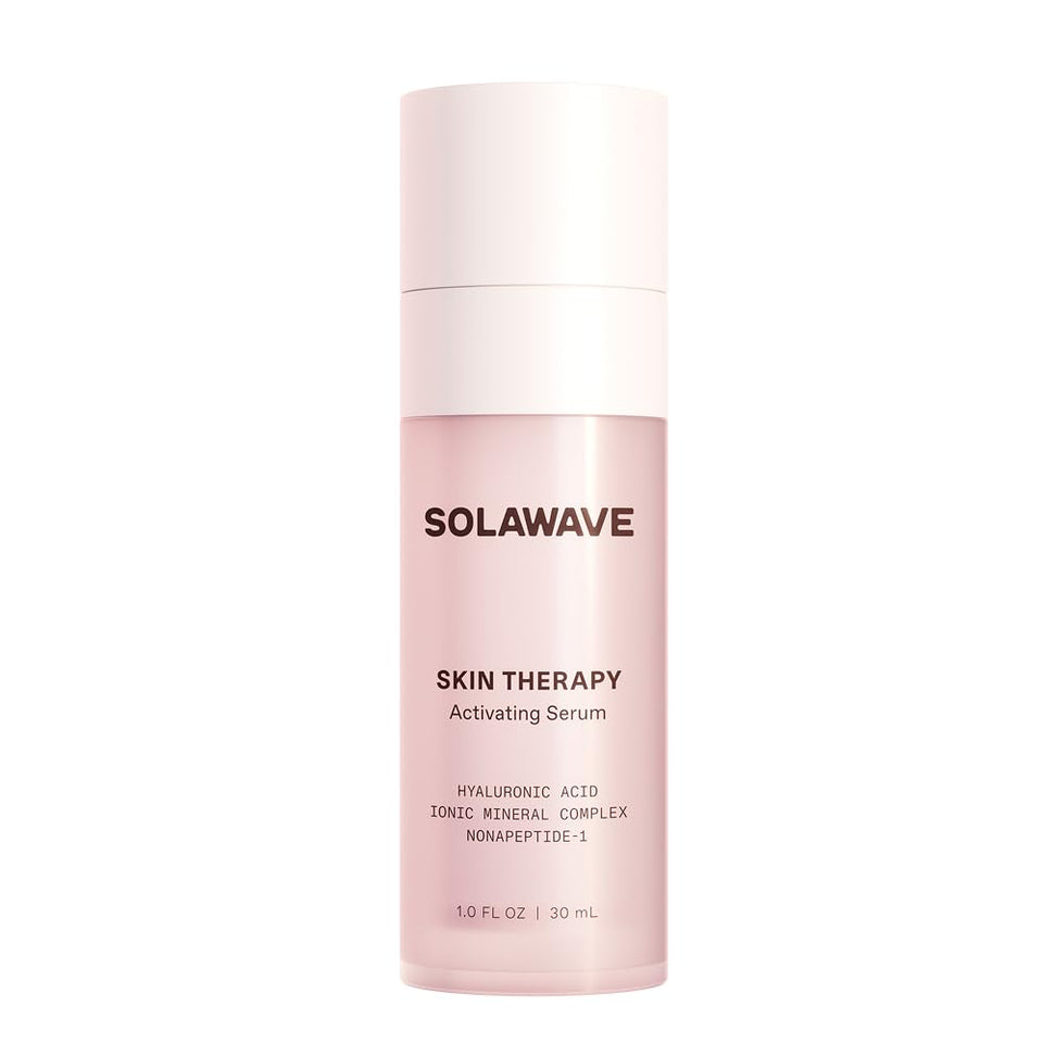 Solawave bottle front view showing clean design and benefit of enhanced device glide