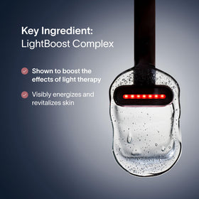 Solawave closeup label with ingredient highlights, communicates LightBoost tech and clean formulation