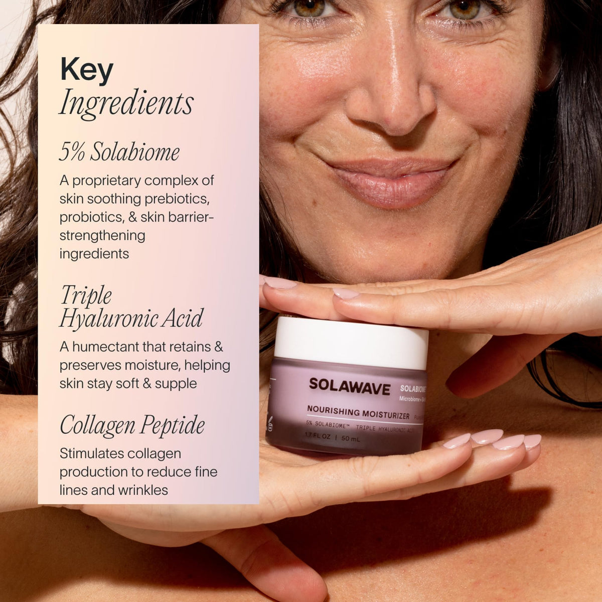 Solawave ingredients label close-up showing peptide and hyaluronic benefits