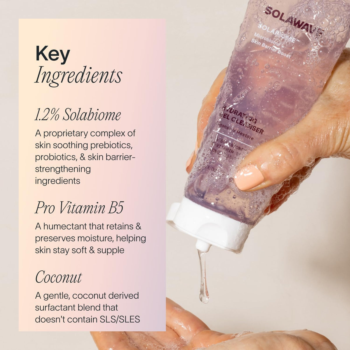 Solawave ingredients label emphasizing Solabiome synbiotic blend for microbiome support