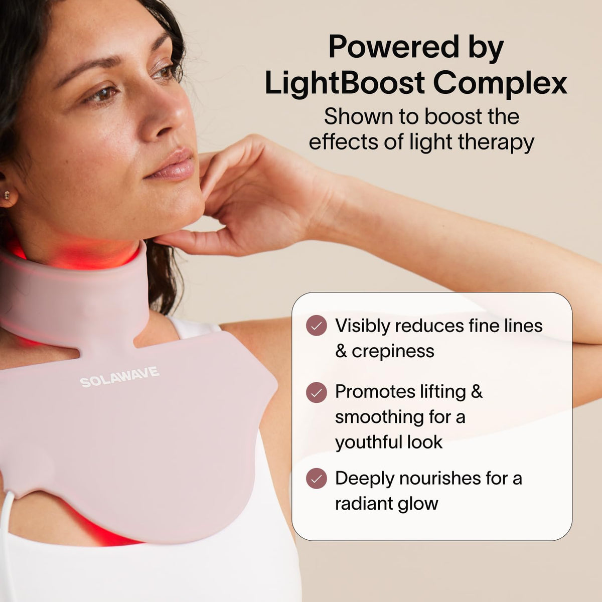 Solawave ingredient layout displaying peptides and vegan collagen for firming benefit