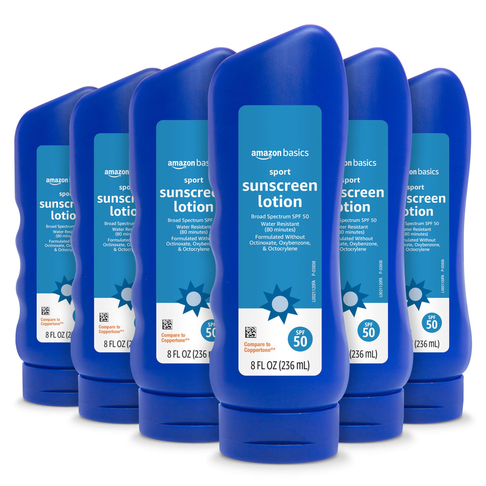 Amazon Brand - Solimo front packaging showing SPF 50 and 6-pack convenience