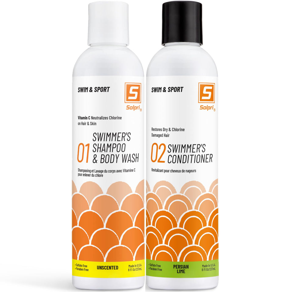 Solpri front packaging showing swim shampoo and conditioner restoring hair