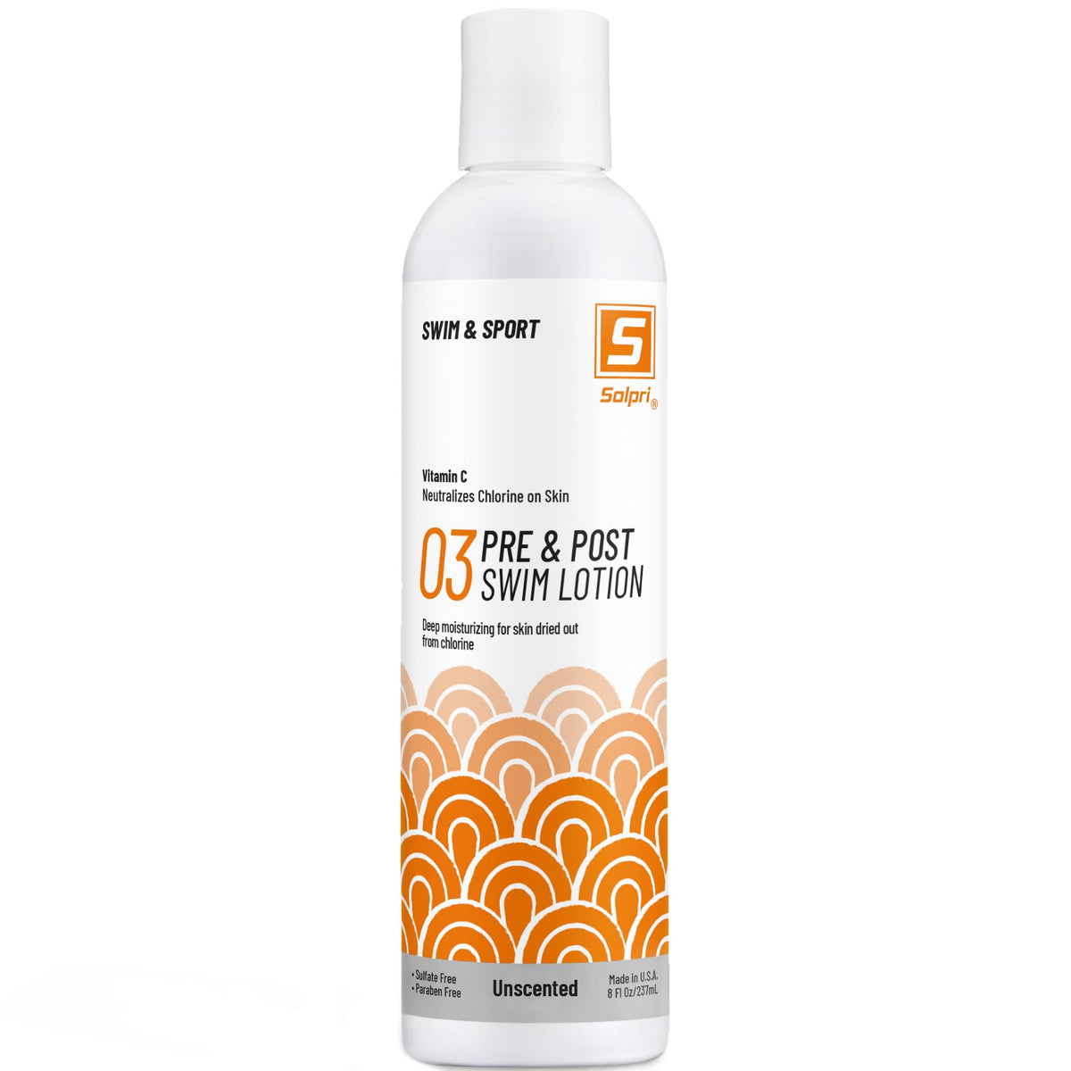 Solpri lotion front packaging showing unscented, 8 fl oz bottle and benefits