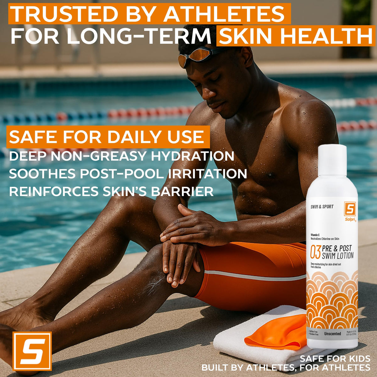 Solpri lotion poolside lifestyle image showing quick protection before swimming