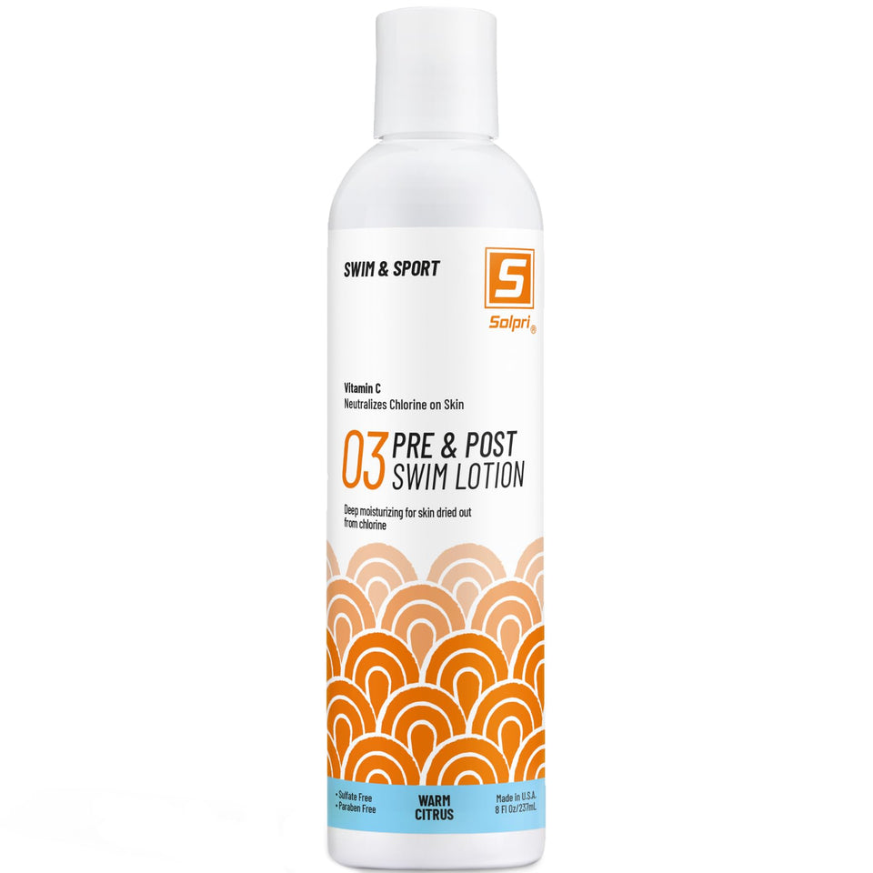 Solpri front packaging showing warm citrus bottle and clear labeling benefit pre-swim protection