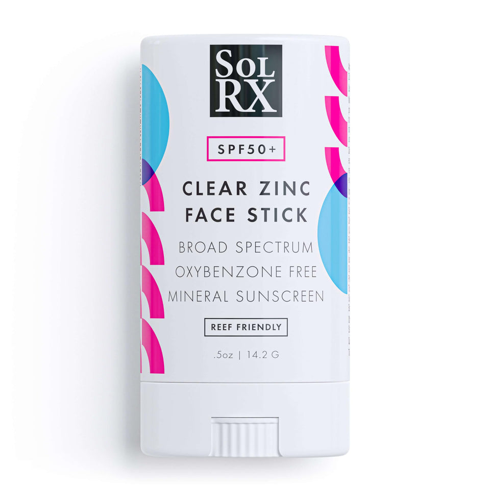 SolRX clear zinc stick front view showing compact portable sunscreen