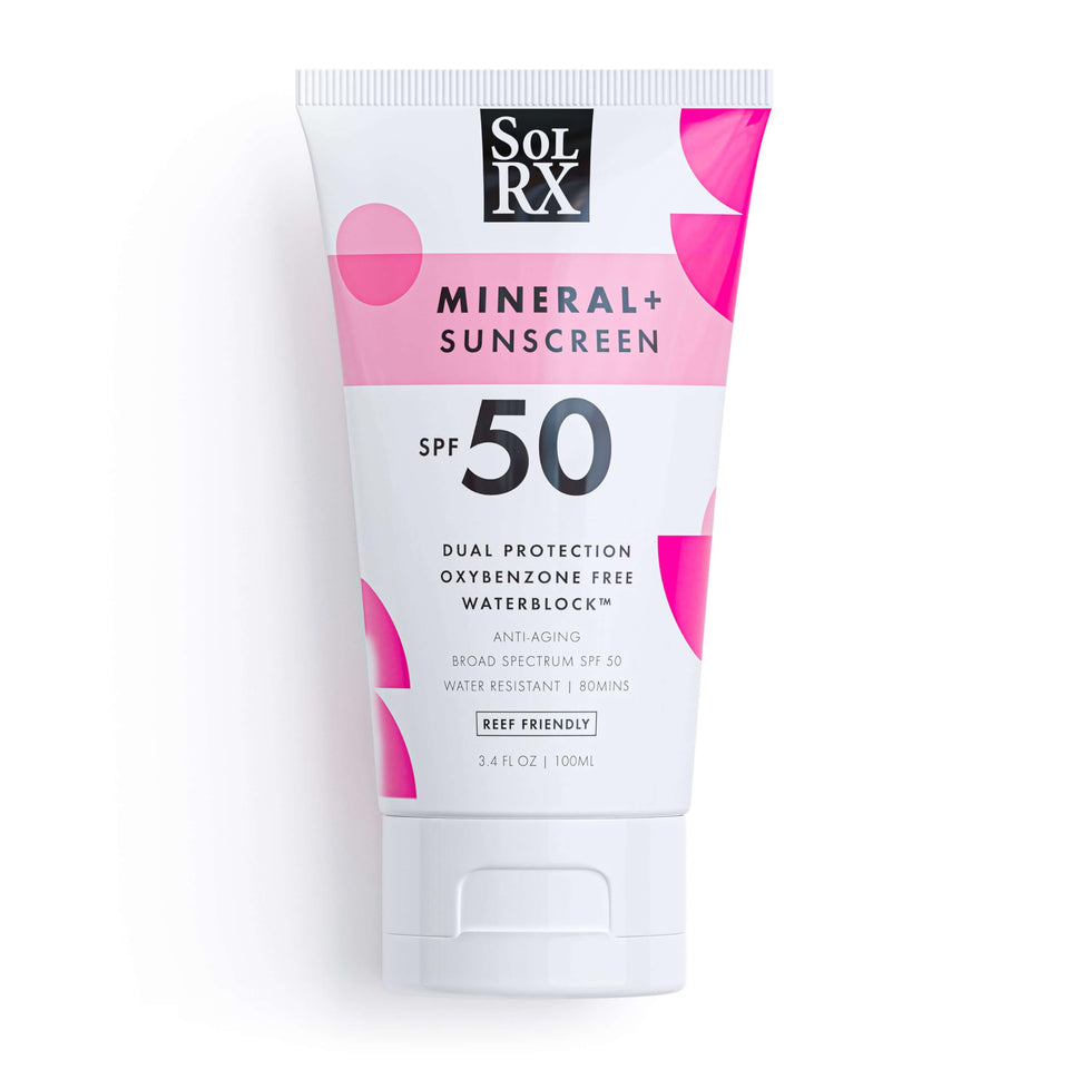 SolRX front packaging showing SPF 50 protection benefits and branding