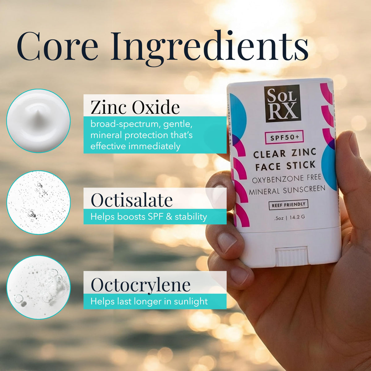 SolRX label close-up showing ingredient clarity and reef-friendly claim