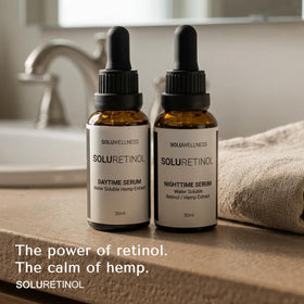 SOLURETINOL day and night serums on vanity conveying daily routine convenience