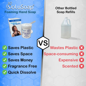 Hands creating thick foam with SoluSoap, brand showing gentle effective lather