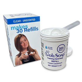 SoluSoap jar front view showing label and eco benefits, highlights reduced plastic waste