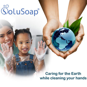 Mixing SoluSoap powder into a foaming bottle, brand demonstrates immediate use