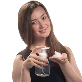 SoluSoap jar beside a foaming pump bottle and scoop, brand illustrating yield