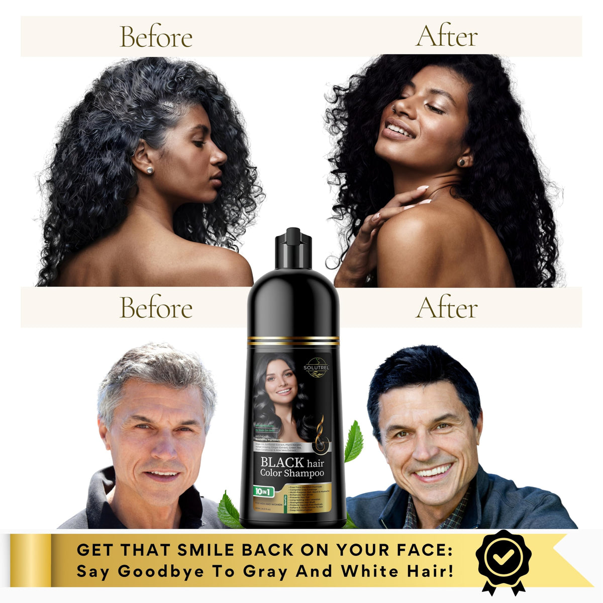 Solutrel before and after hair comparison showing visible darkening
