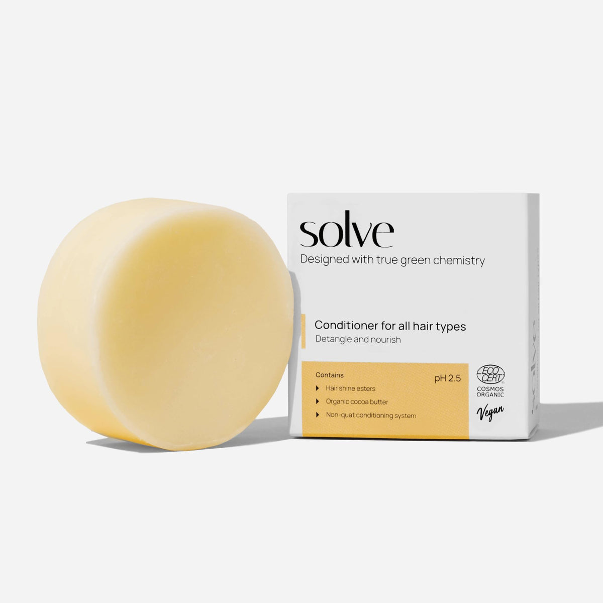 solve solid conditioner front packaging showing eco-friendly bar and label benefits