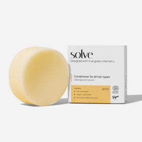solve solid conditioner front packaging showing eco-friendly bar and label benefits