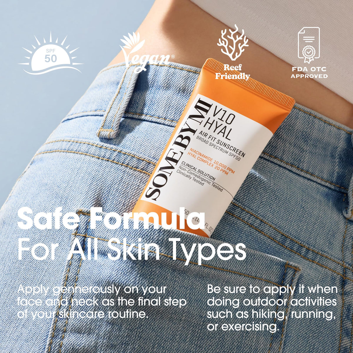 SOME BY MI sunscreen next to finger showing compact size and portability