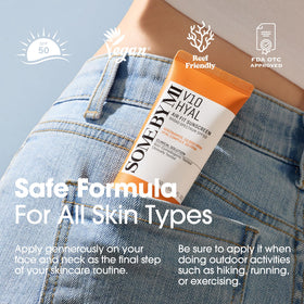 SOME BY MI sunscreen next to finger showing compact size and portability