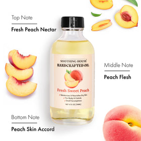 Soothing House bottle beside fresh peaches showing natural fruity fragrance benefit
