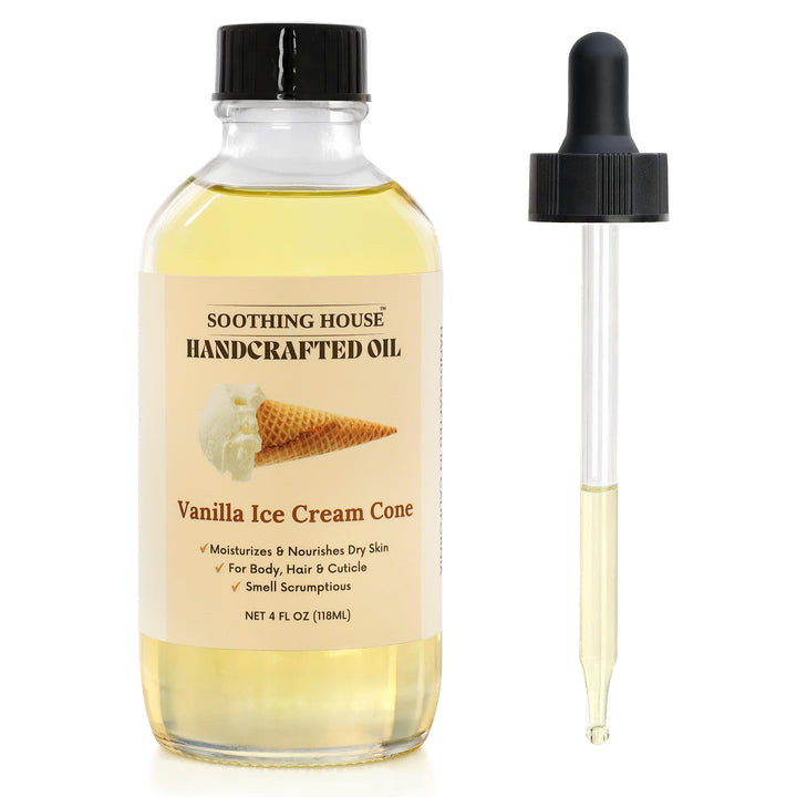 Soothing House front bottle view showing vanilla body oil and clear packaging benefit: visible product and branding