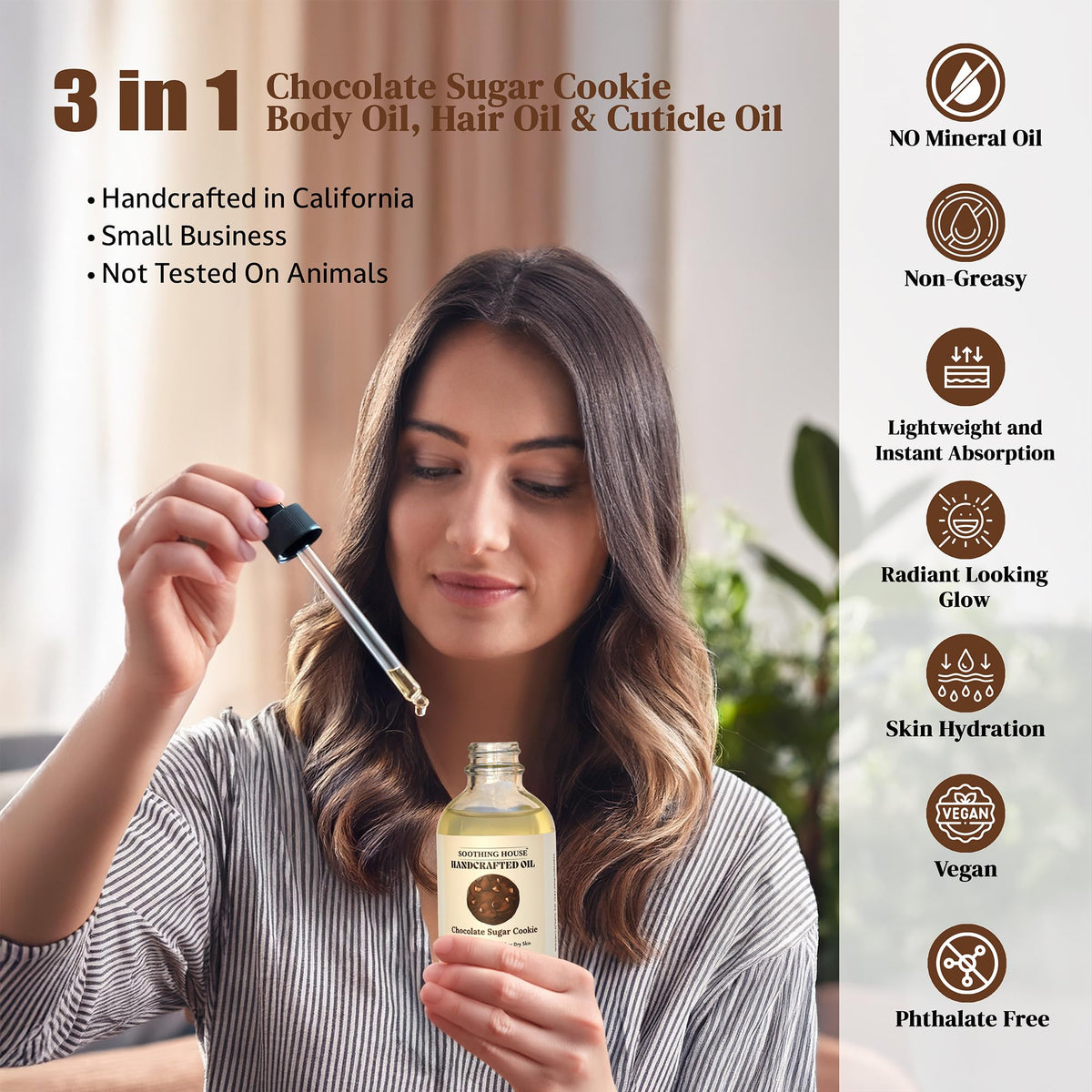 Soothing House applied to hair ends illustrating frizz control and added shine