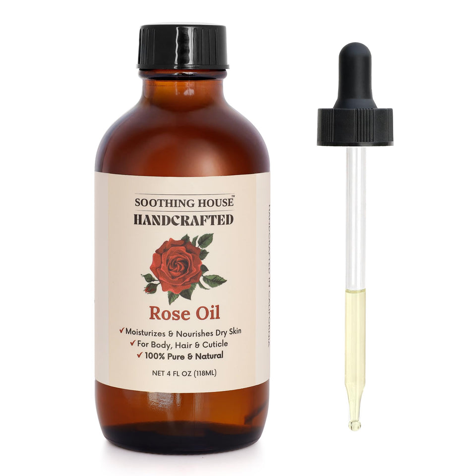 Soothing House bottle front view showing rose body oil for daily hydration