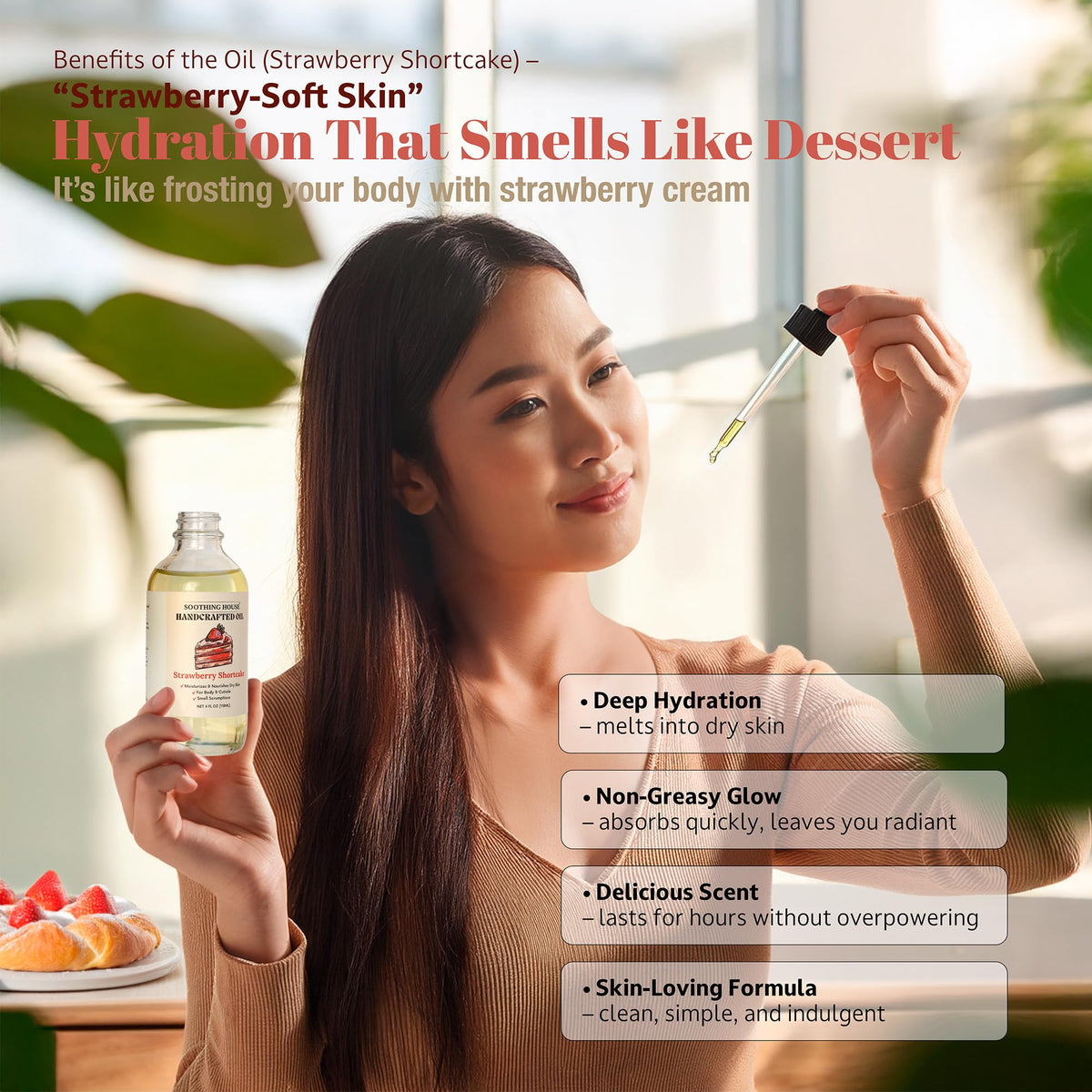 Soothing House lifestyle shot of model applying oil for glowing hydrated skin