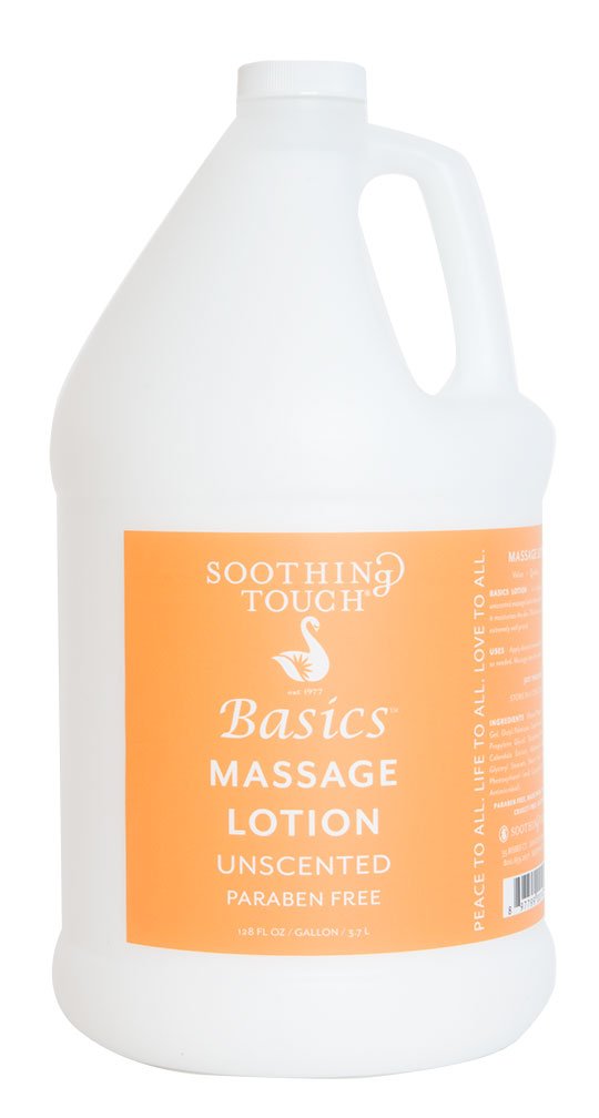Soothing Touch gallon bottle front label showing unscented lotion for professional use