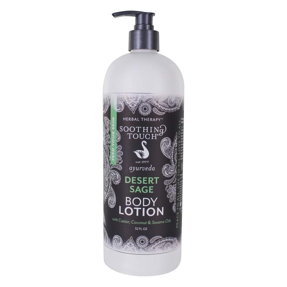 Soothing Touch front packaging showing 32 oz bottle and desert sage scent for long-lasting hydration