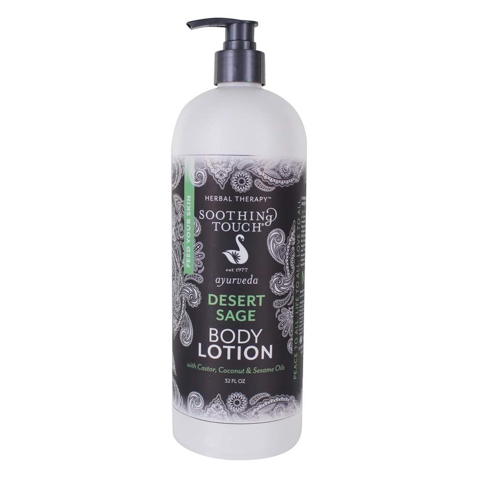 Soothing Touch front packaging showing 32 oz bottle and desert sage scent for long-lasting hydration