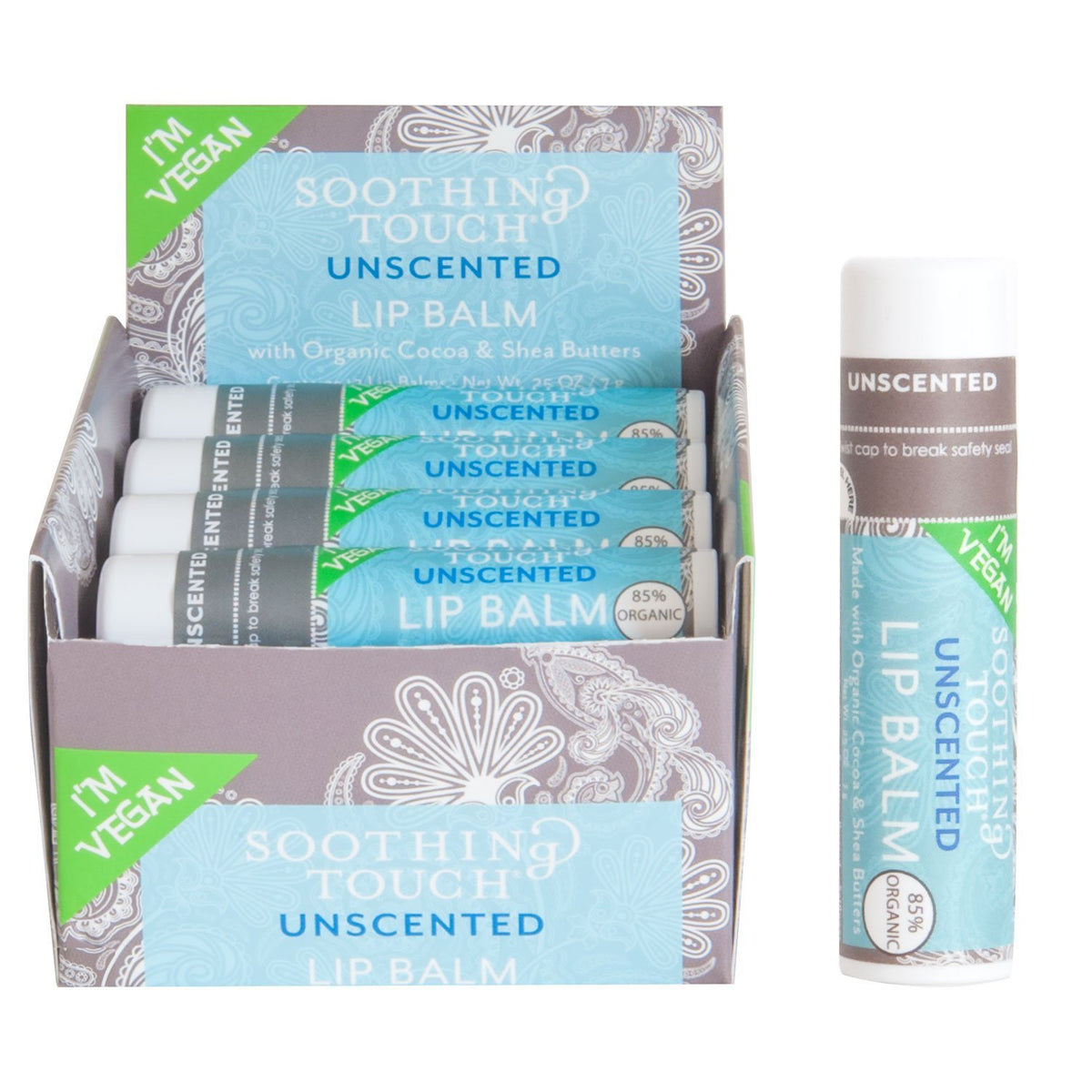 Soothing Touch front view of lip balm tube showing clean unscented formula benefit