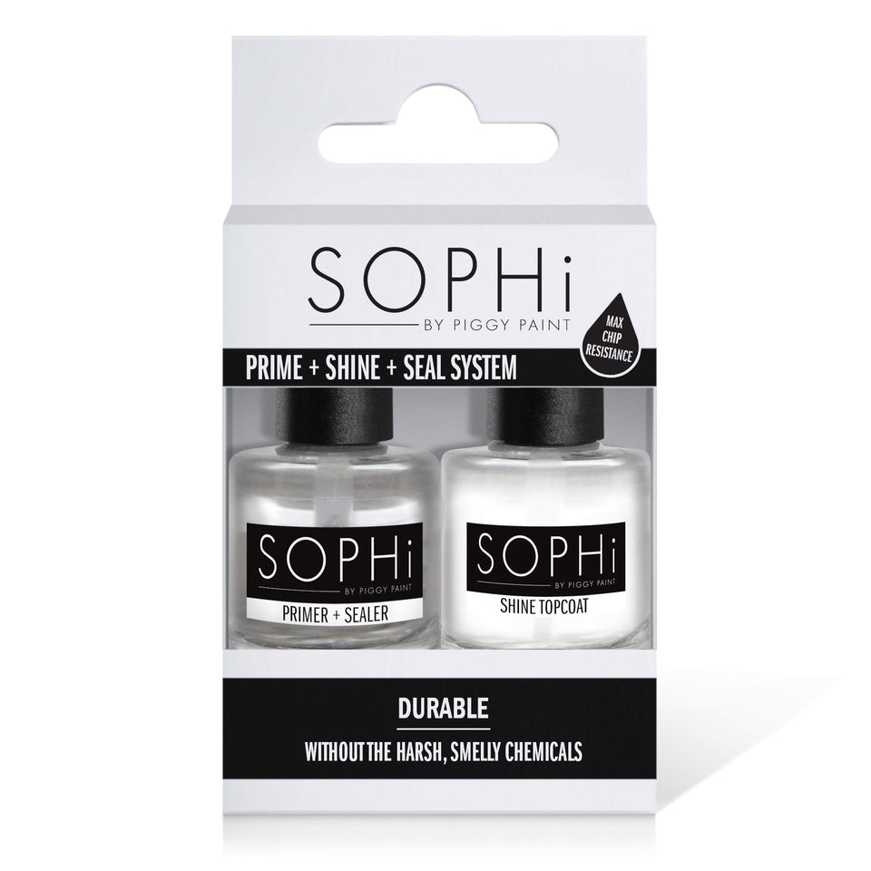 SOPHi front packaging showing the primer and topcoat with clear benefits