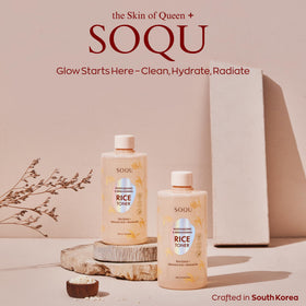 SOQU bottle on a bathroom shelf in a morning routine setting for refreshed skin benefit