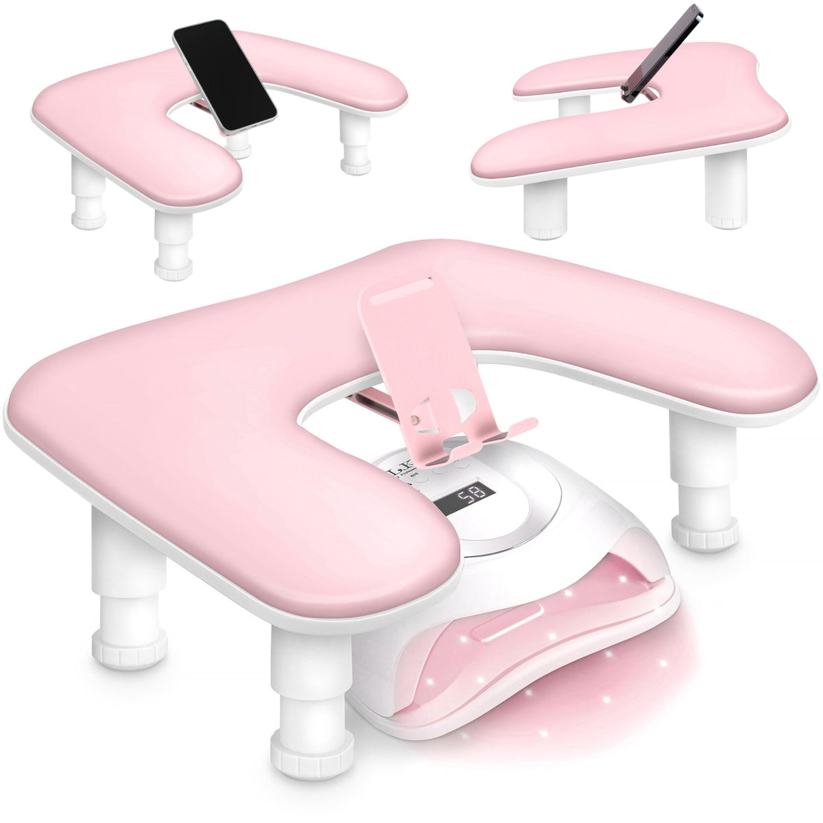Sorreni front view of pink U-shaped arm rest showing stable profile and comfort